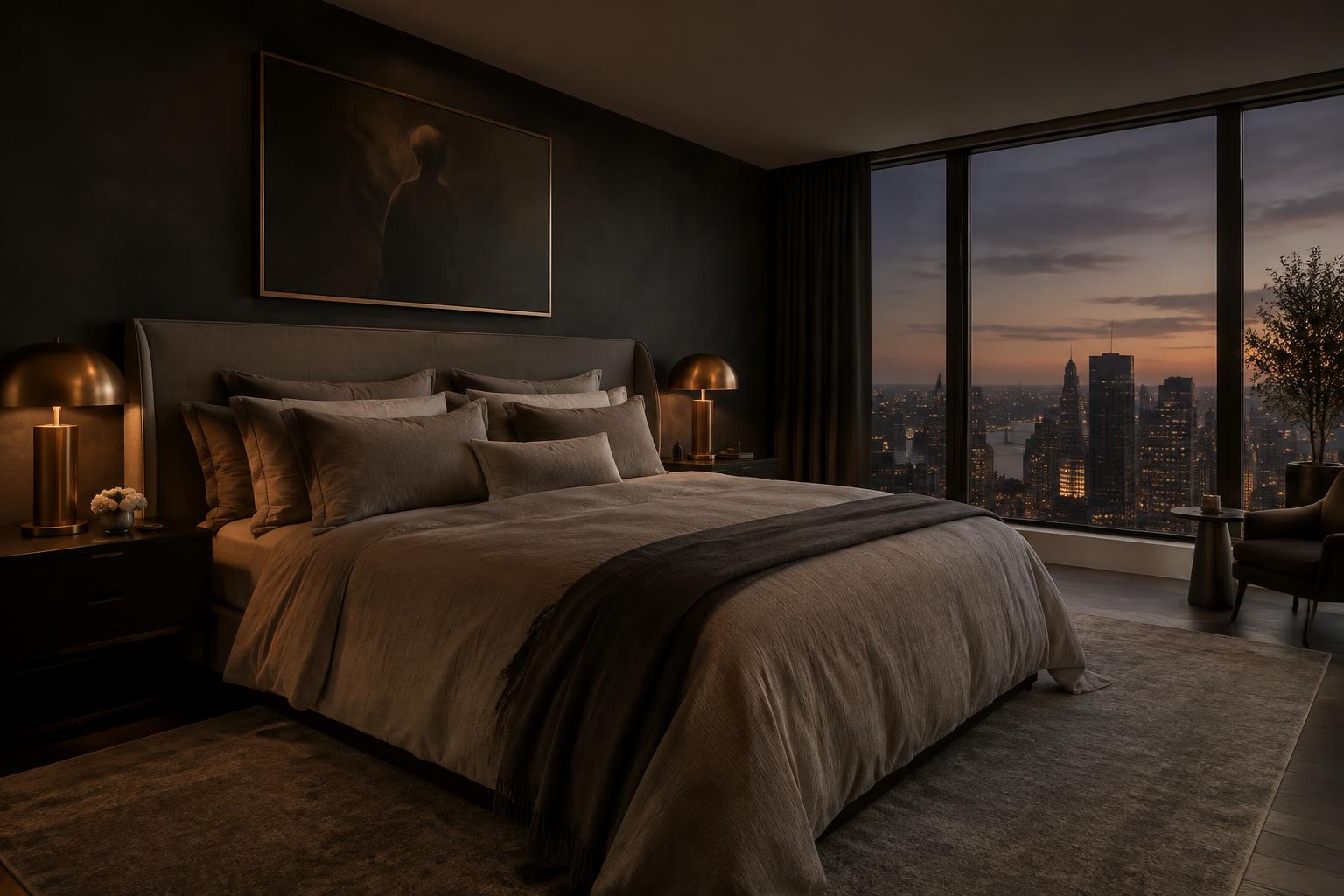 Bronze Penthouse master bedroom with bronze lamps and city view