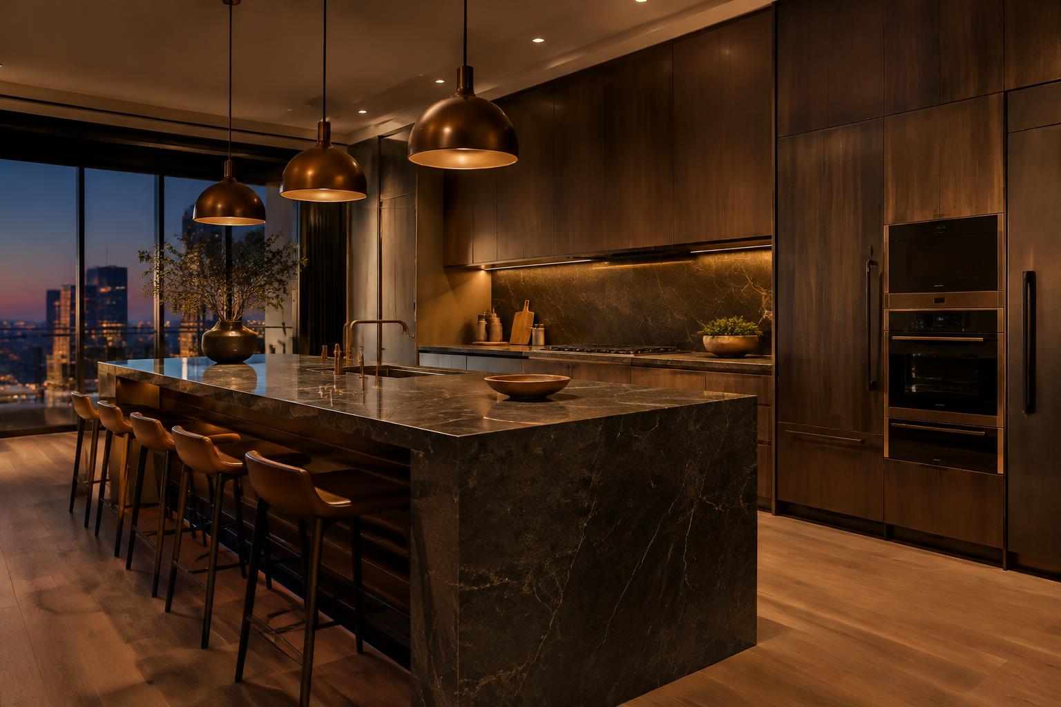 Dark stone kitchen with bronze pendants