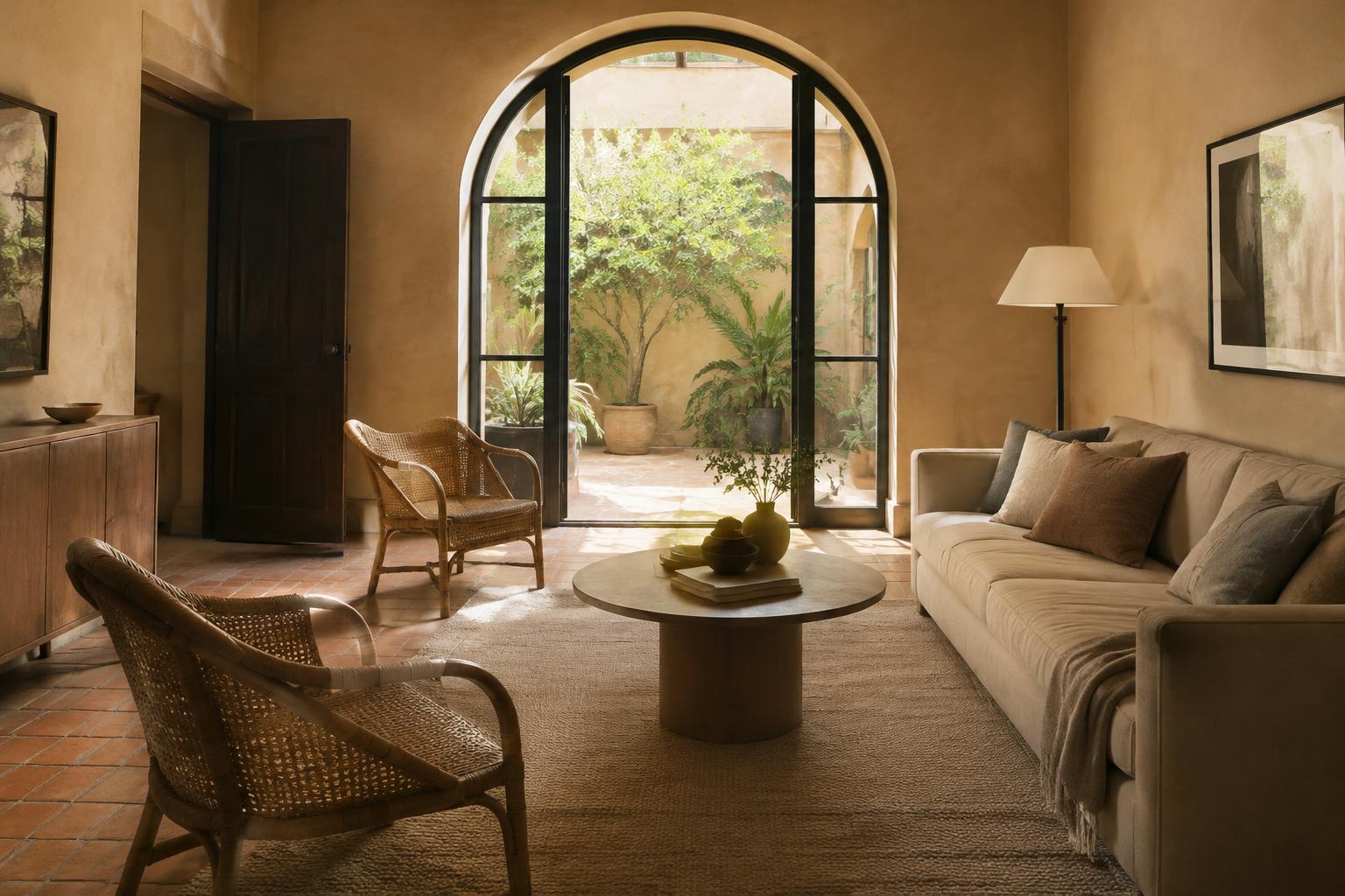 Courtyard lounge with arched garden doors