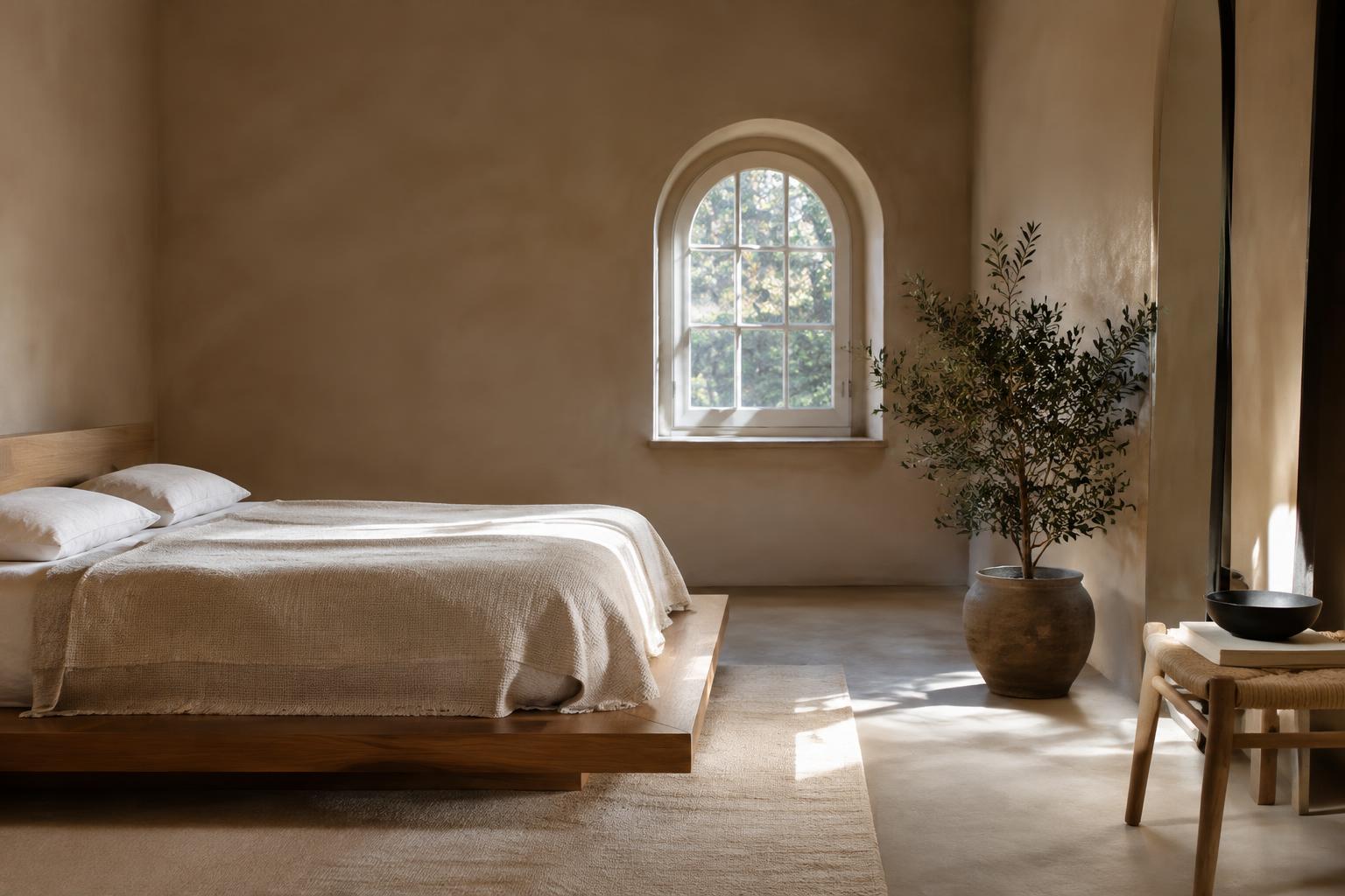 Courtyard Suite bedroom with a low oak bed and arched window
