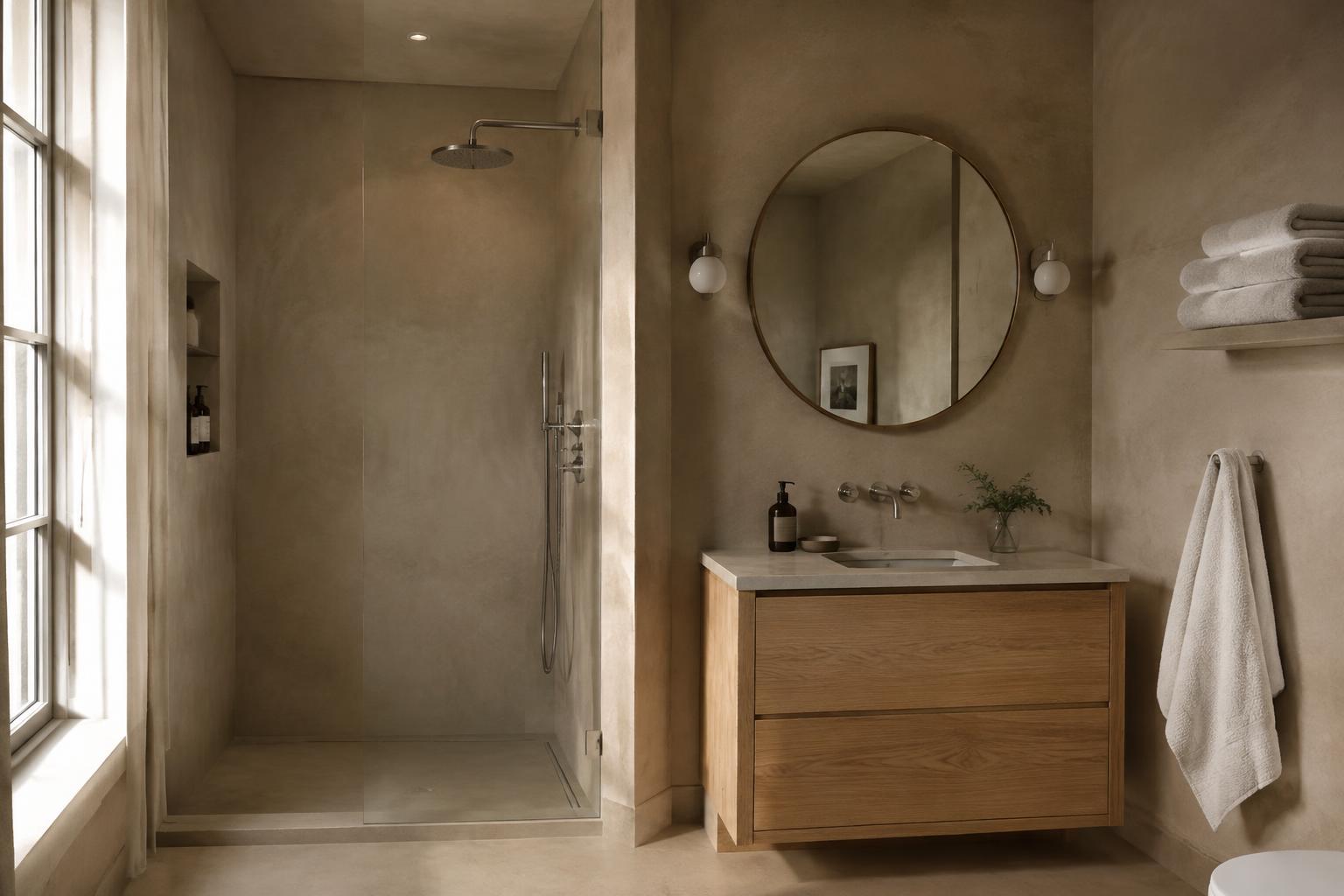 Courtyard Suite bathroom with plaster walls, walk-in shower and oak vanity