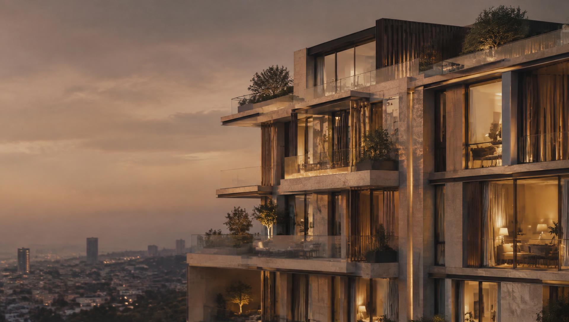 A stone-clad apartment building glowing warmly at dusk