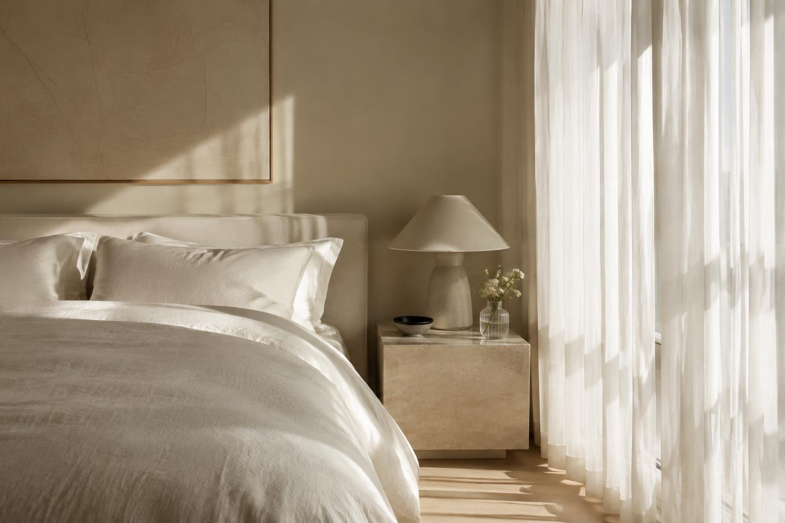 Linen bedroom bathed in afternoon light