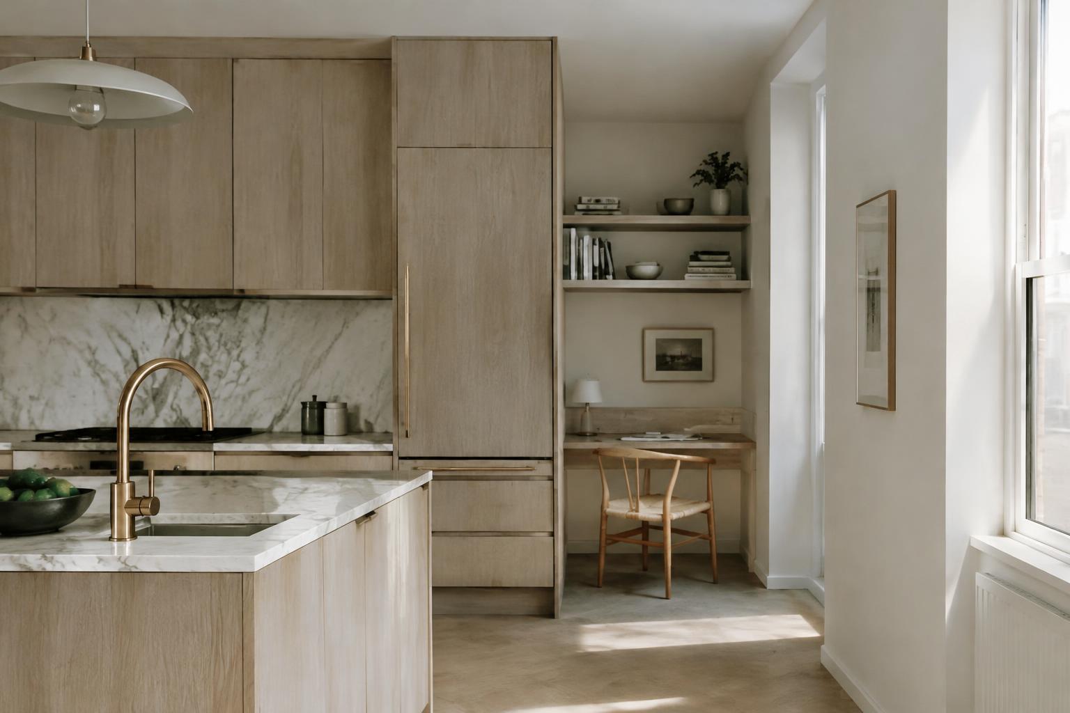 Ivory Loft oak kitchen with marble counter, brass tap and writing nook