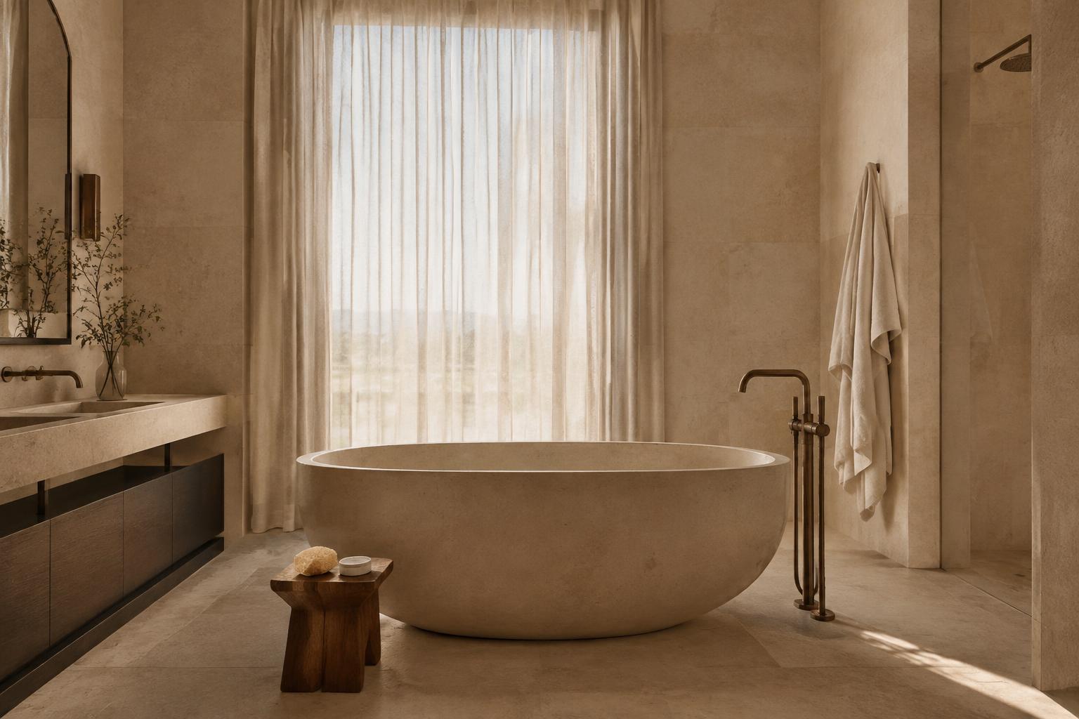 Limestone bathroom with freestanding bath