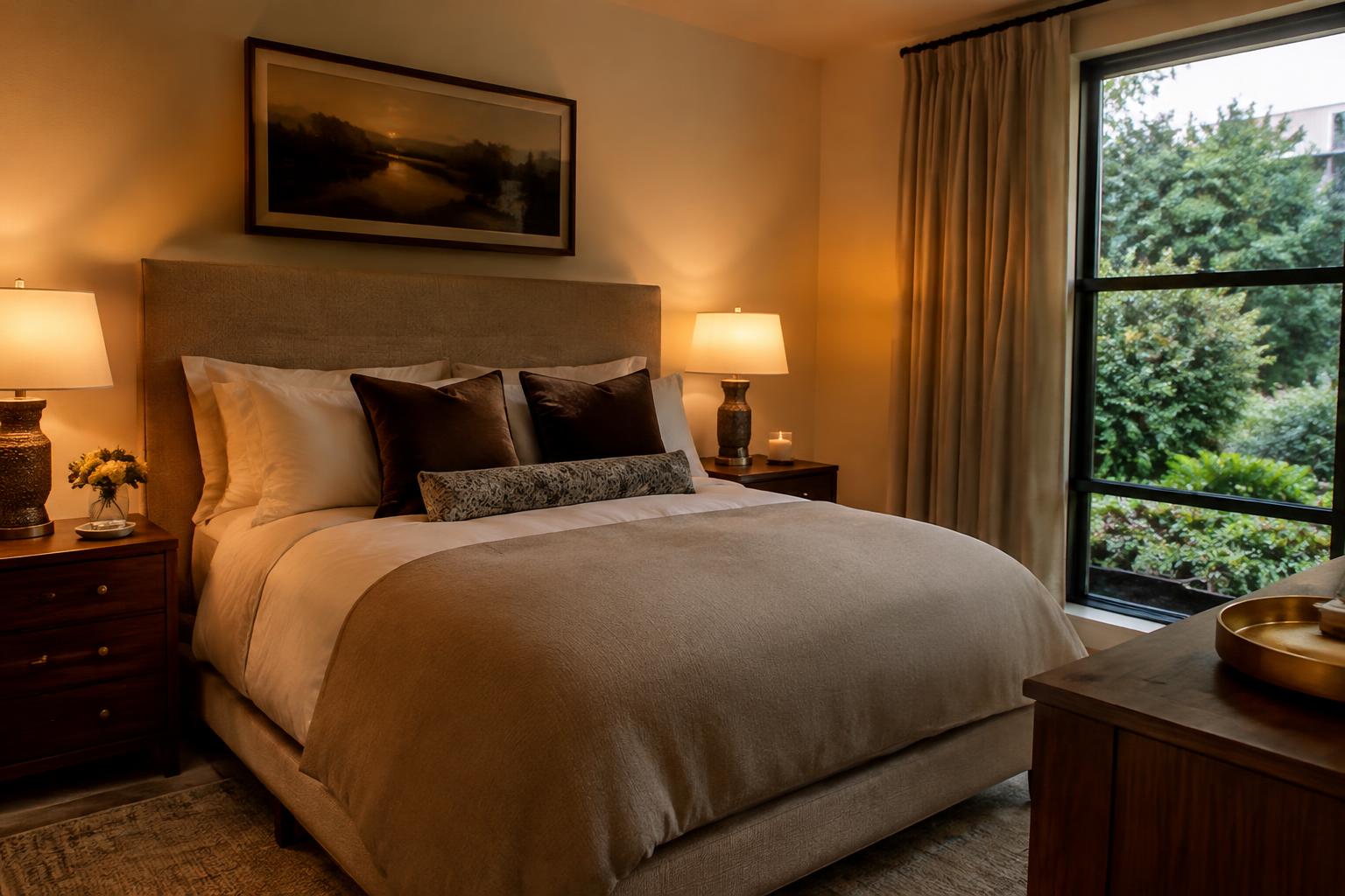 Stone Garden guest bedroom with lamp light and a garden view